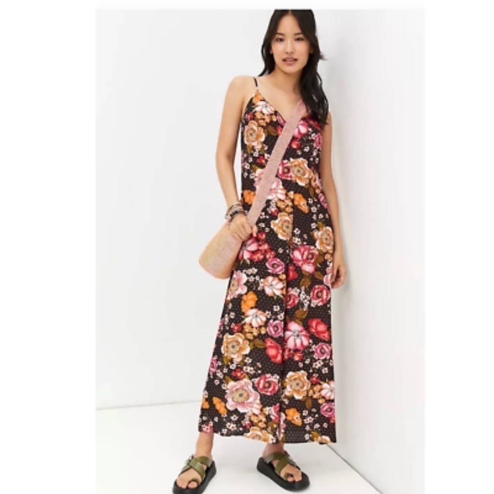 Anthropologie Kachel Floral Wide Leg Jumpsuit Black Motif RARE Sz 4